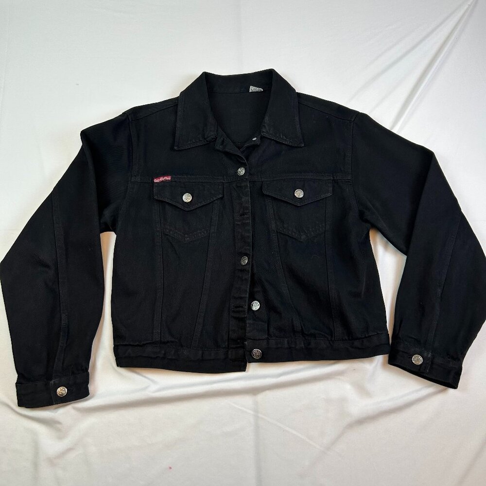 Black Denim Jacket Size M Cropped Structured Silver Button Classic